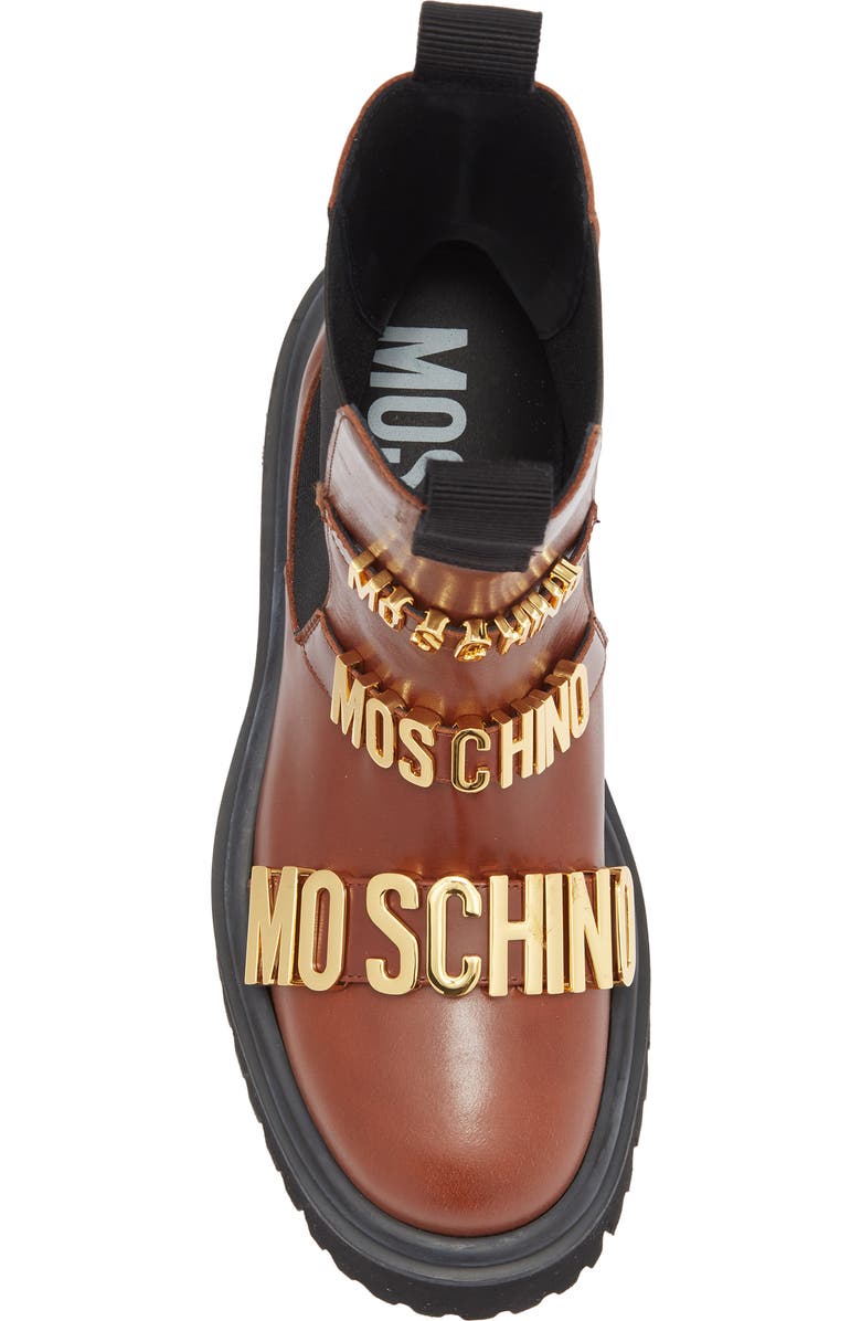 Moschino Logo Plaque Chelsea Boot, Alternate, color, Chestnut