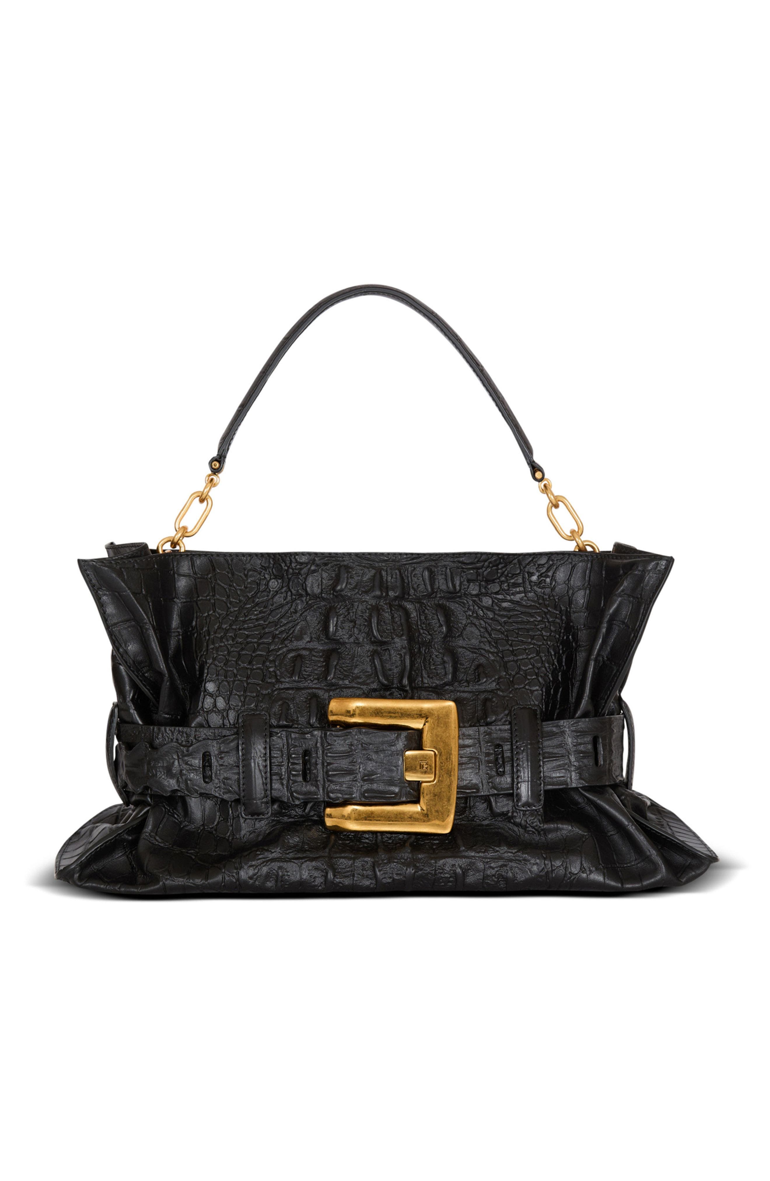 Balmain Medium Anthem bag in embossed crocodile-print calfskin, Main, color, 