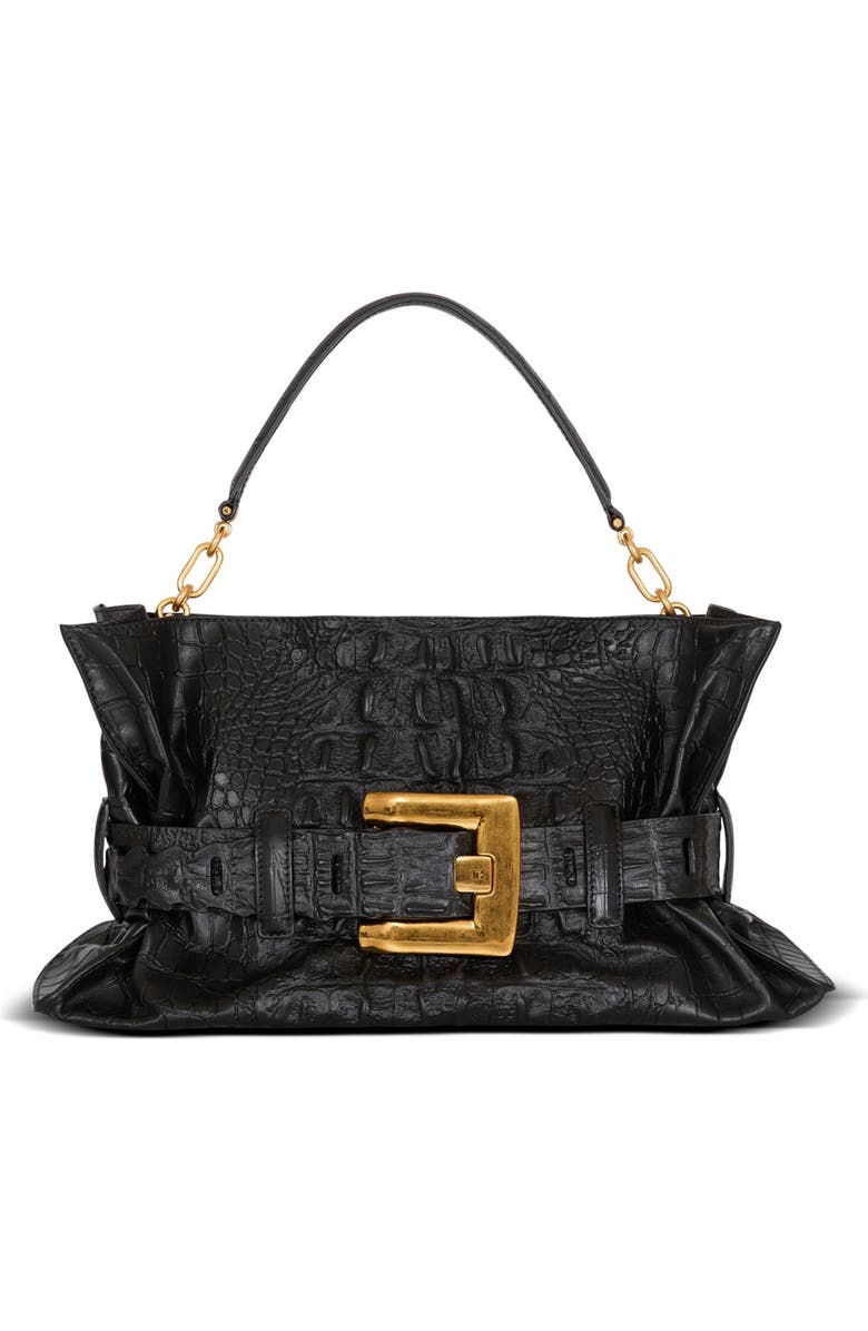 Balmain Medium Anthem bag in embossed crocodile-print calfskin, Main, color,