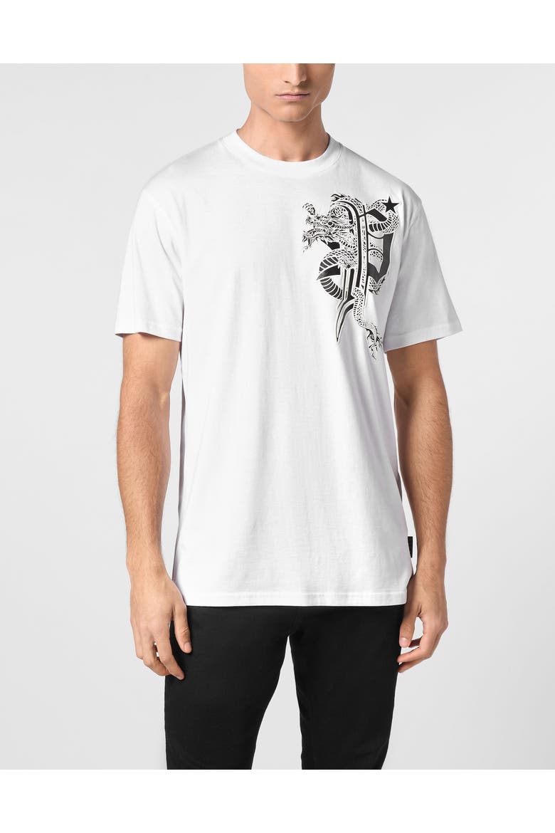 T-Shirt Round Neck Dragon Men, Main, color, white