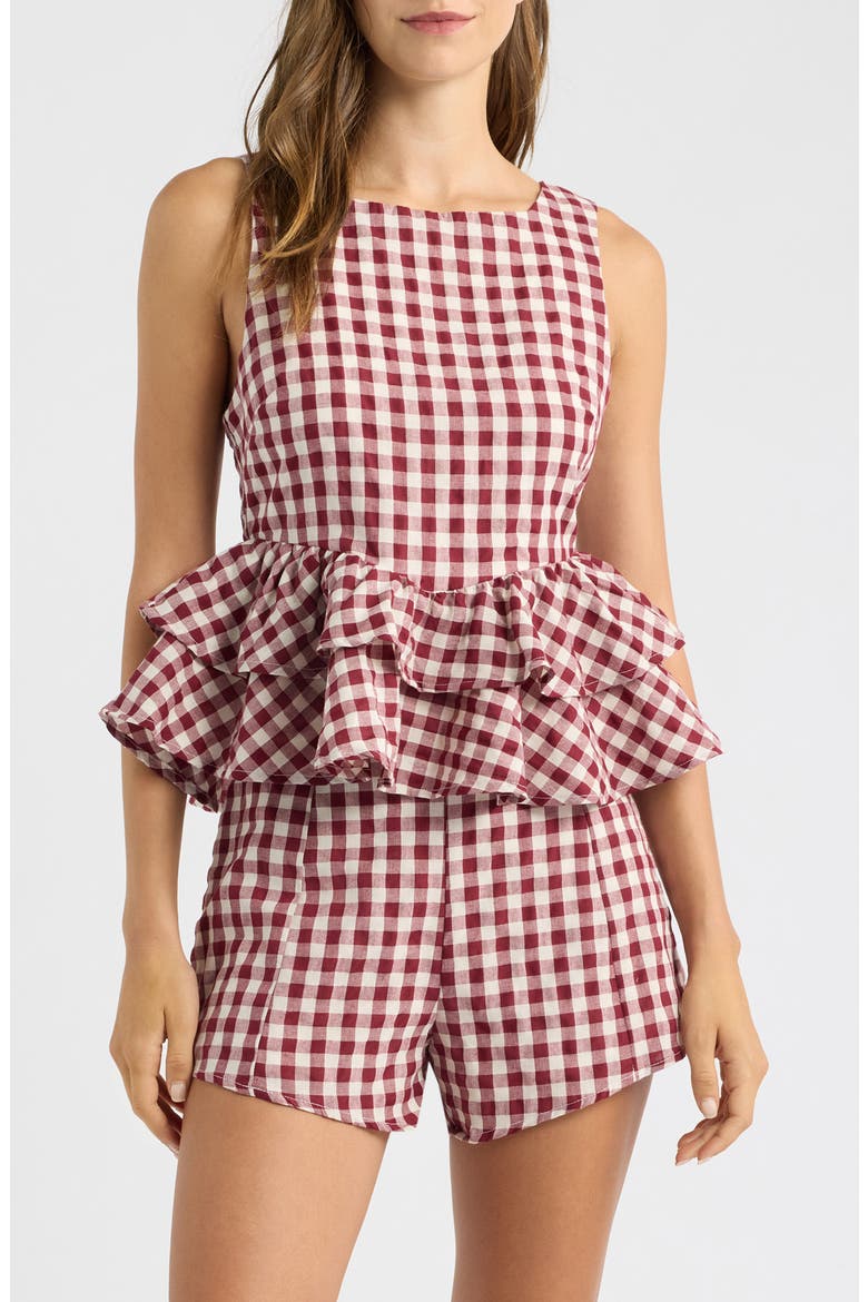 Landon Gingham Tiered Peplum Top, Main, color, BURGUNDY GINGHAM