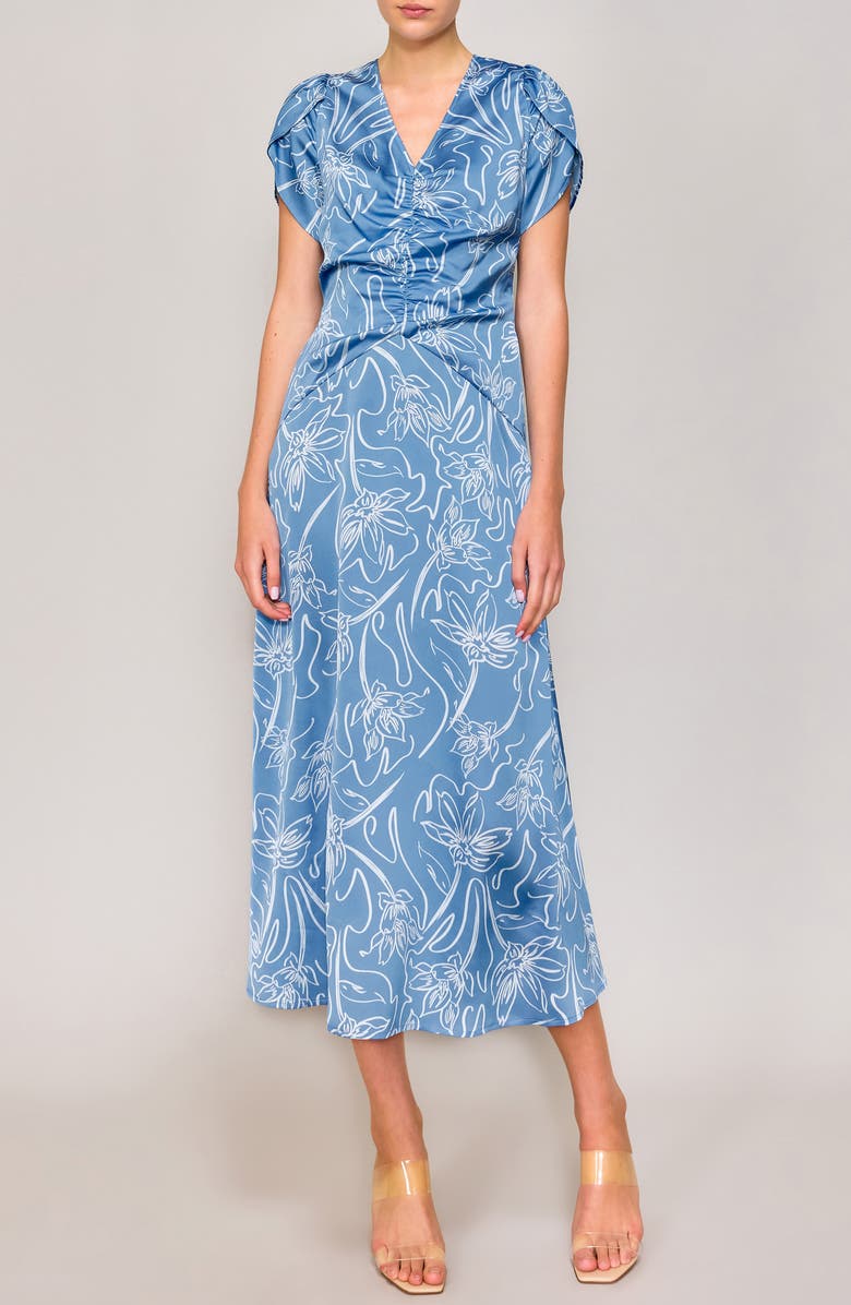 MELLODAY Ruched Tulip Sleeve Maxi Dress, Main, color, Blue/ Ivory Print