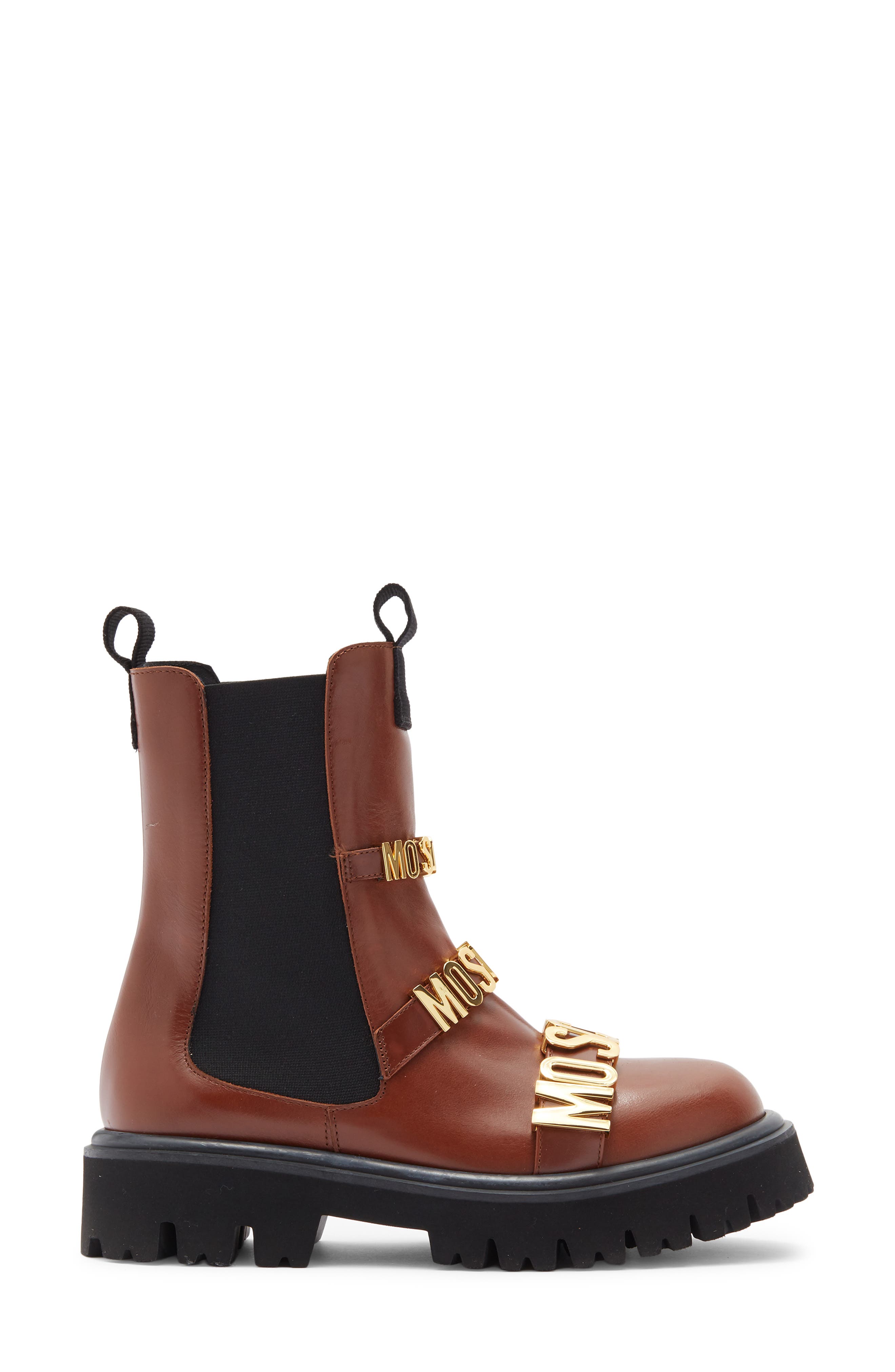 Moschino Logo Plaque Chelsea Boot, Alternate, color, Chestnut