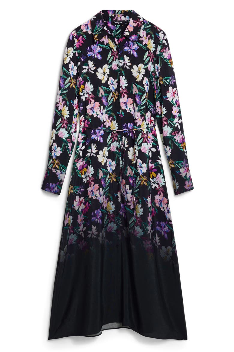 Belted Long Sleeve Midi Shirtdress, Alternate, color, BLACK