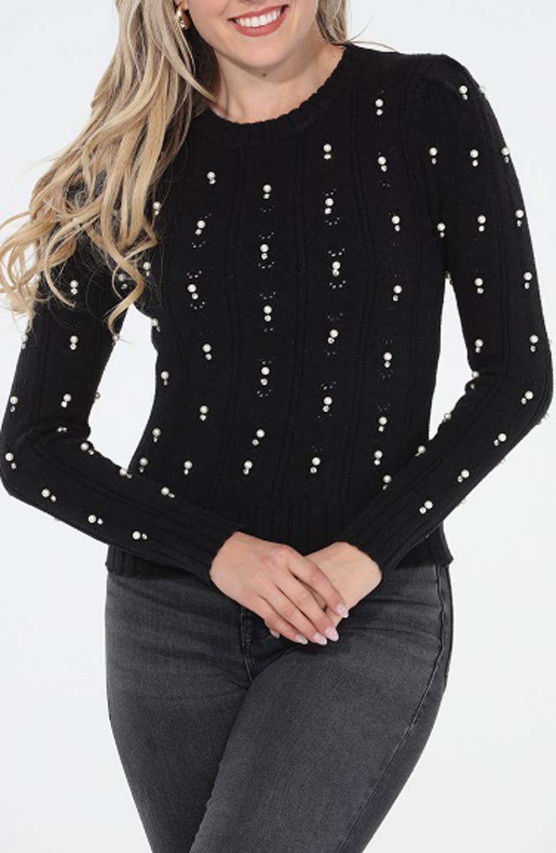 RAIN AND ROSE Faux Pearl Cotton Blend Pointelle Sweater, Main, color, Black