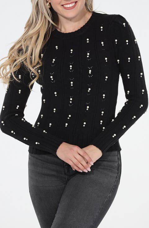 Faux Pearl Cotton Blend Pointelle Sweater