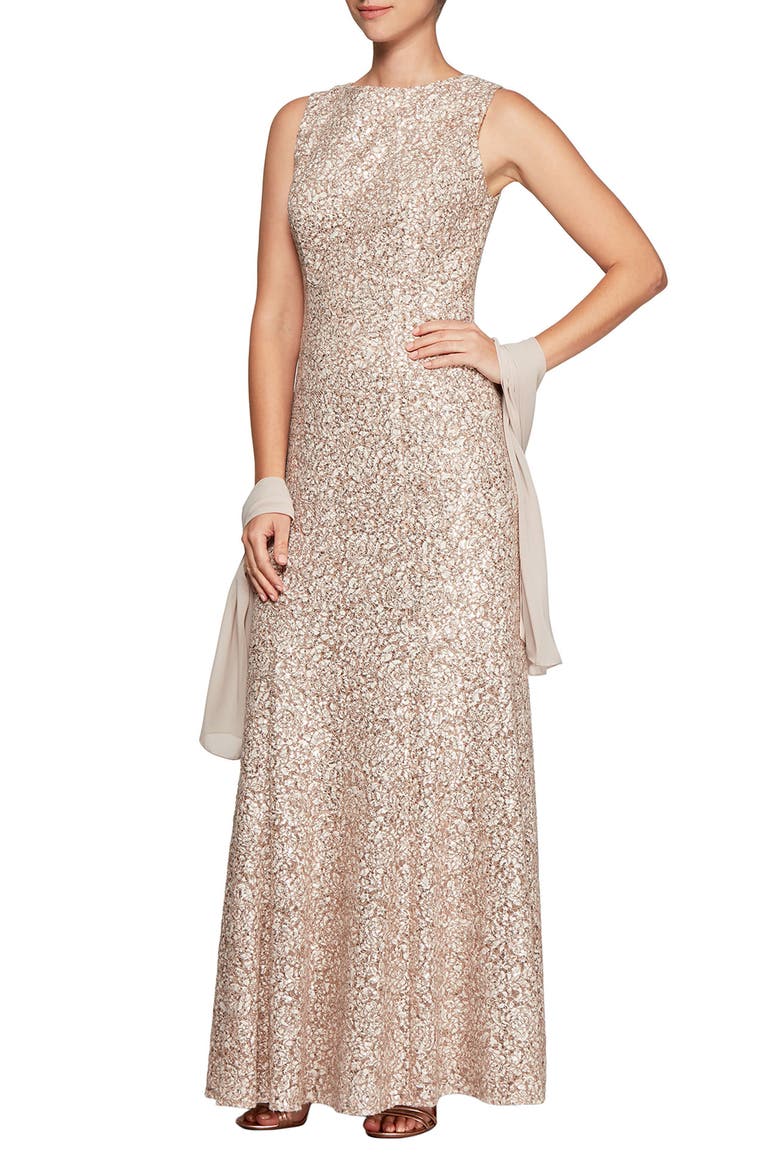 Sequin Trumpet Gown with Shawl, Main, color, CHAI/ IVORY