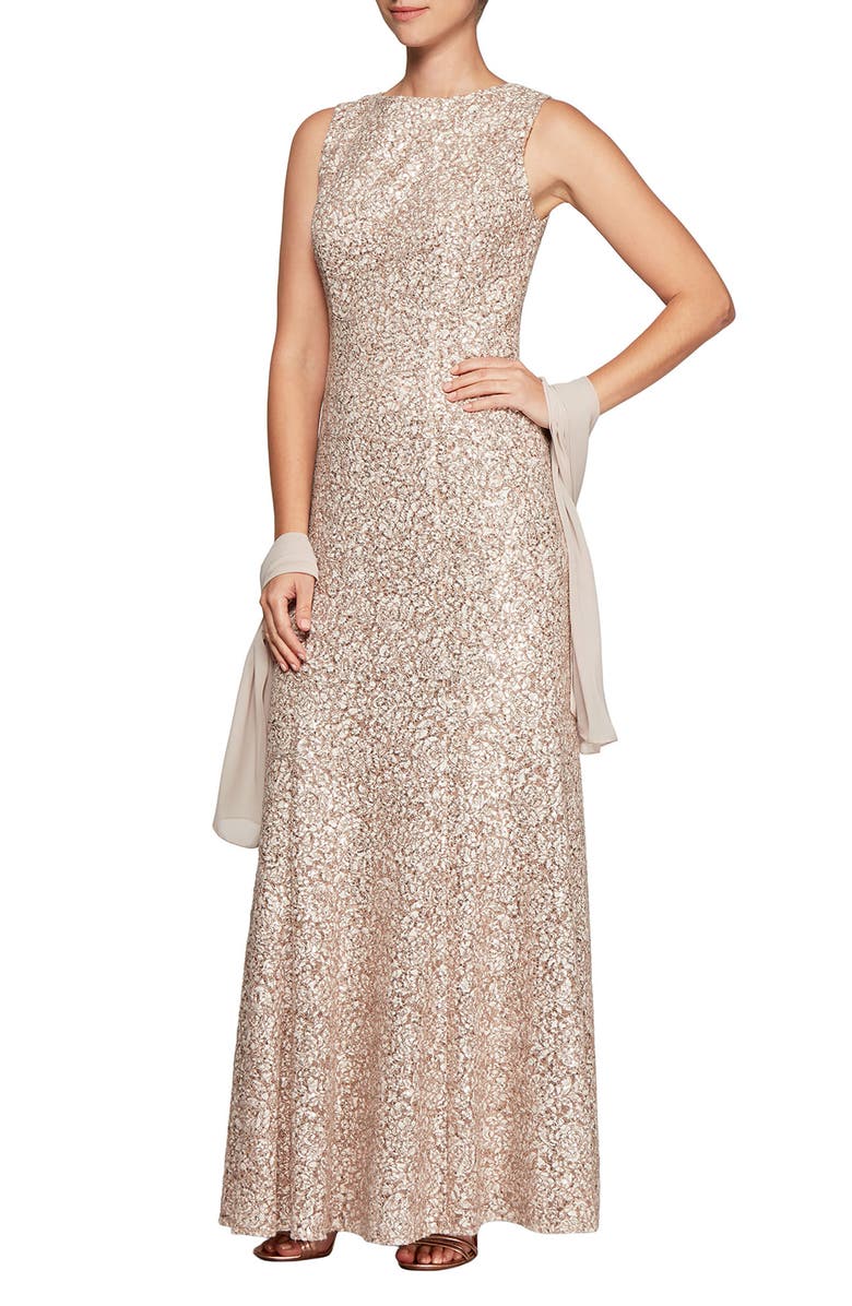 Alex Evenings Sequin Trumpet Gown with Shawl, Main, color,
