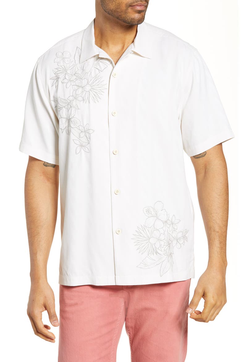 Vicenco Vines Classic Fit Embroidered Silk Button-Up Camp Shirt, Main, color, CONTINENTAL