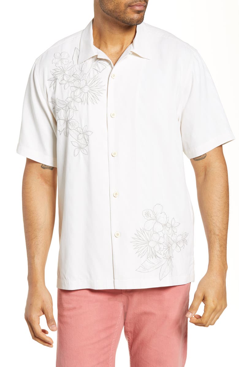 Tommy Bahama Vicenco Vines Classic Fit Embroidered Silk Button-Up Camp Shirt, Main, color, 