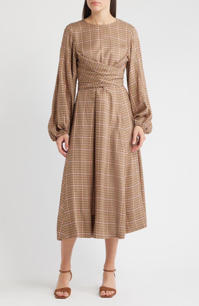 FRNCH Apollinaire Check Long Sleeve Dress, Main, color, Ocre