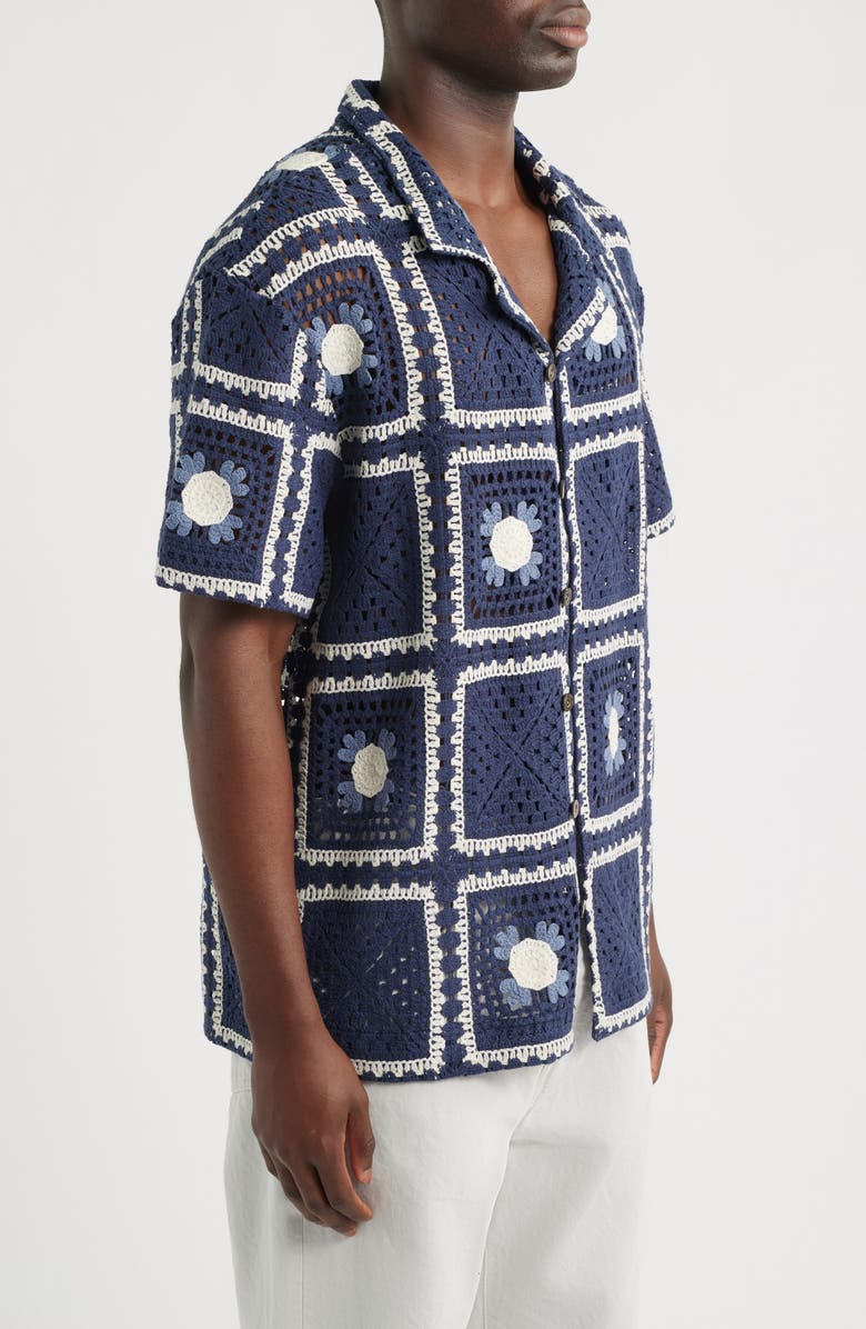 CHÉ Tejer Crochet Camp Shirt, Alternate, color, Navy