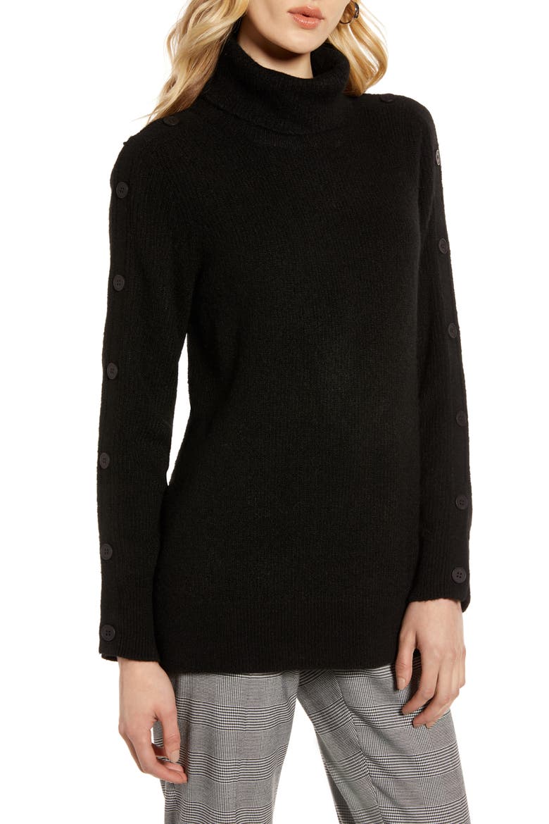 Button Sleeve Turtleneck Sweater, Main, color, BLACK