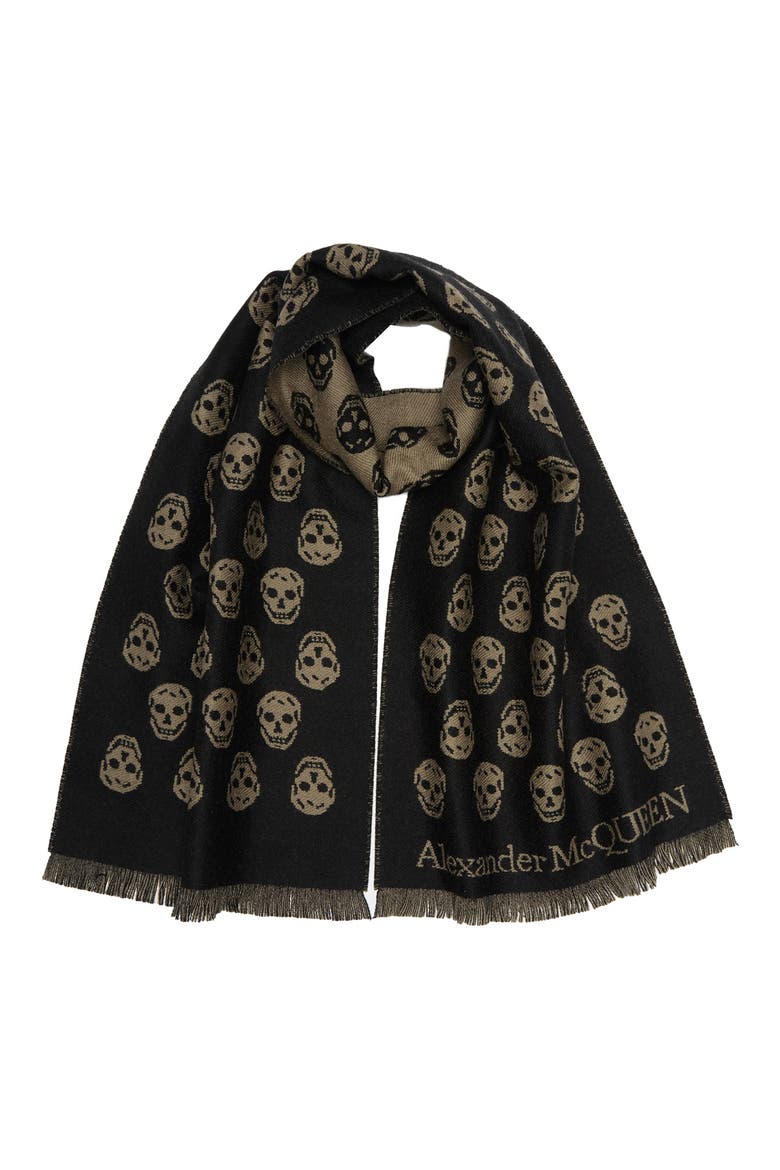 Alexander McQueen Biker Skull Print Wool Scarf, Main, color, BLACK BEIGE