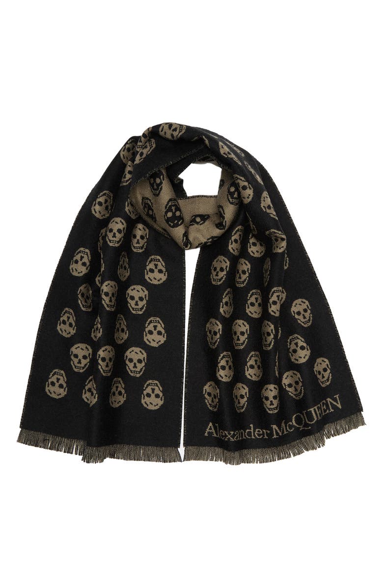 McQueen Alexander McQueen Biker Skull Print Wool Scarf, Main, color, 