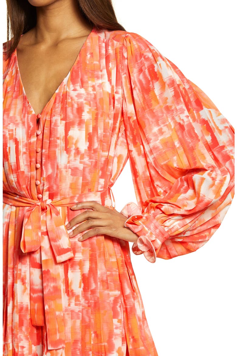 Watercolor Print Pleated Long Sleeve Fit & Flare Dress, Alternate, color, ORANGE