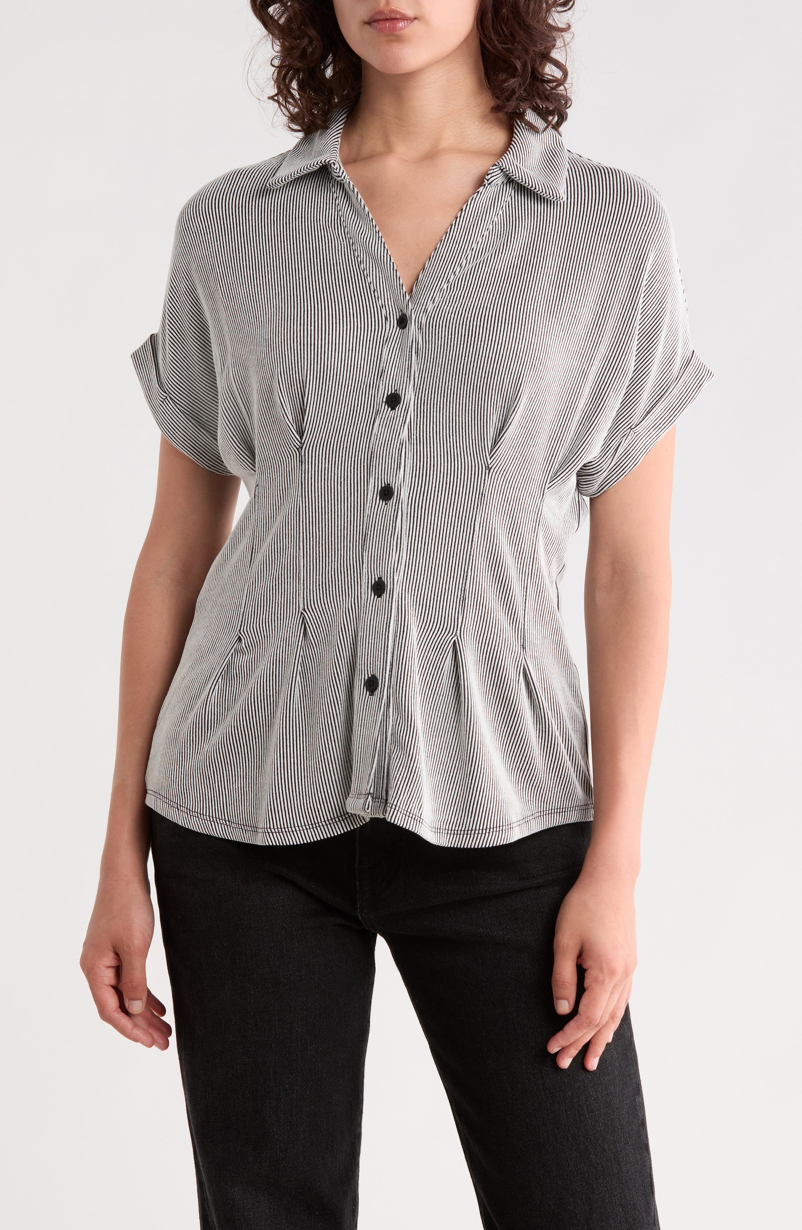 Microstriped Button Front Knit Top