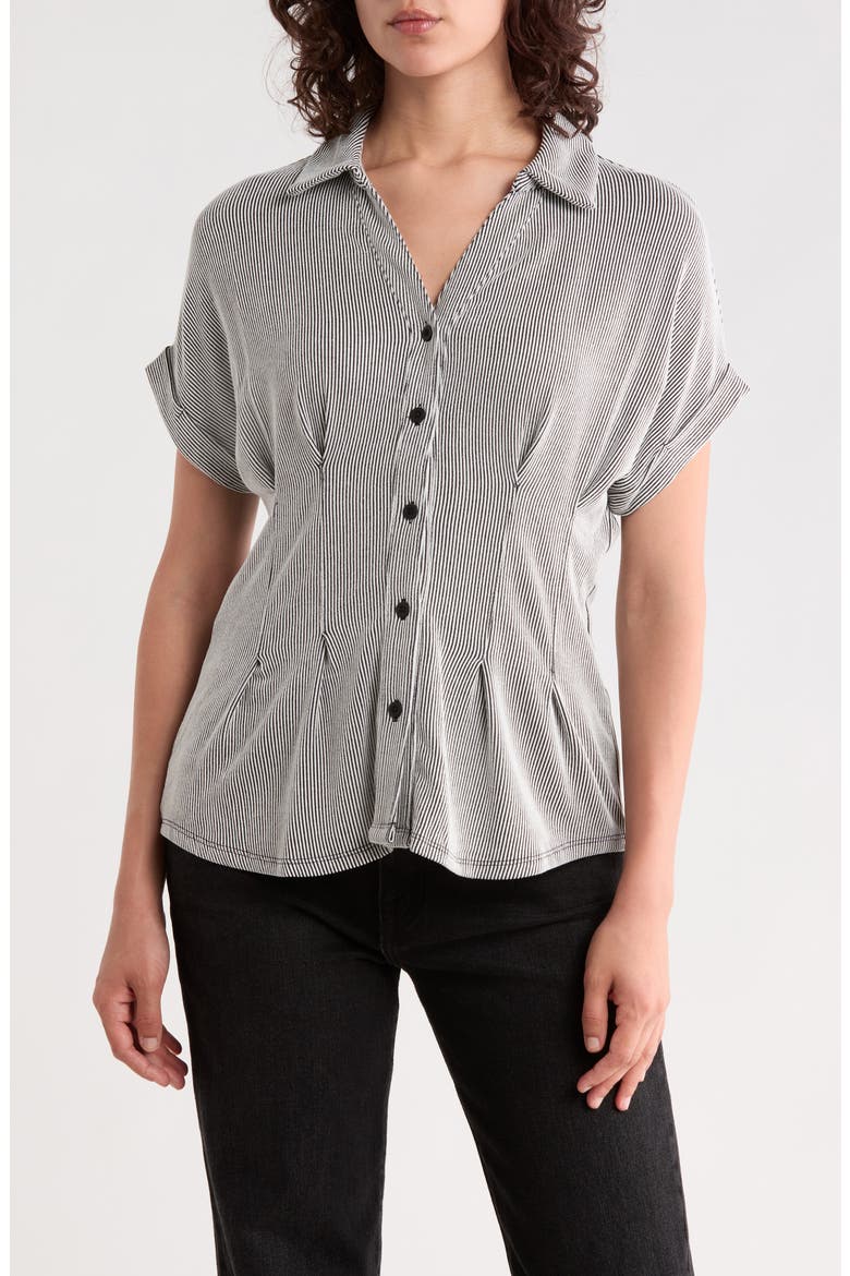 Microstriped Button Front Knit Top, Main, color, BLACK/ IVORY MICRO STRIPE