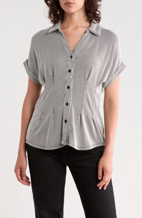 Microstriped Button Front Knit Top