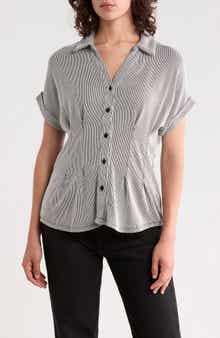 Microstriped Button Front Knit Top