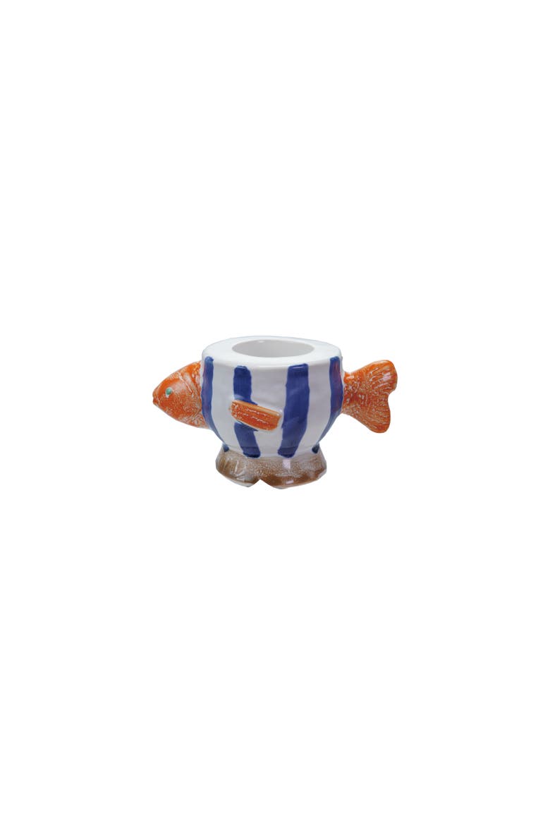 Hand-Painted Stoneware Fish Tealight/Taper Holder, Multicolor, Main, color, Blue
