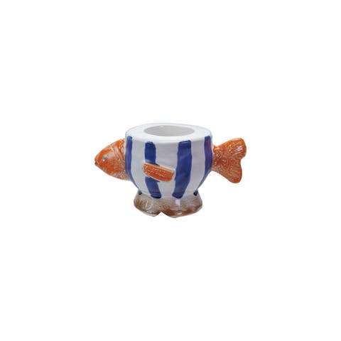 Hand-Painted Stoneware Fish Tealight/Taper Holder, Multicolor