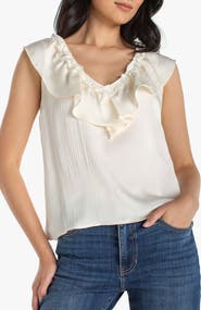 Liverpool Los Angeles Ruffle Sleeveless Mixed Media Top