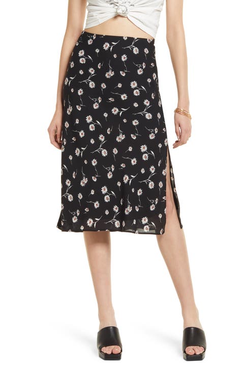 Floral Print Side Slit Midi Skirt