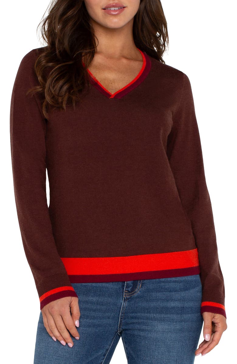Liverpool Los Angeles Contrast Trim V-Neck Sweater, Main, color, 