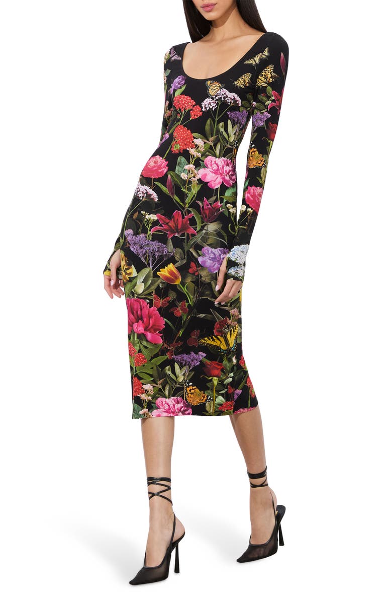 Alice + Olivia Delora Floral Long Sleeve Body-Con Midi Dress, Alternate, color, Secret Garden