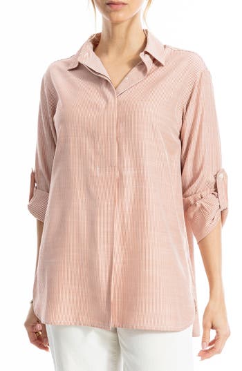 Max Studio Stripe Oversize Long Sleeve Button-up Tunic In Neutral