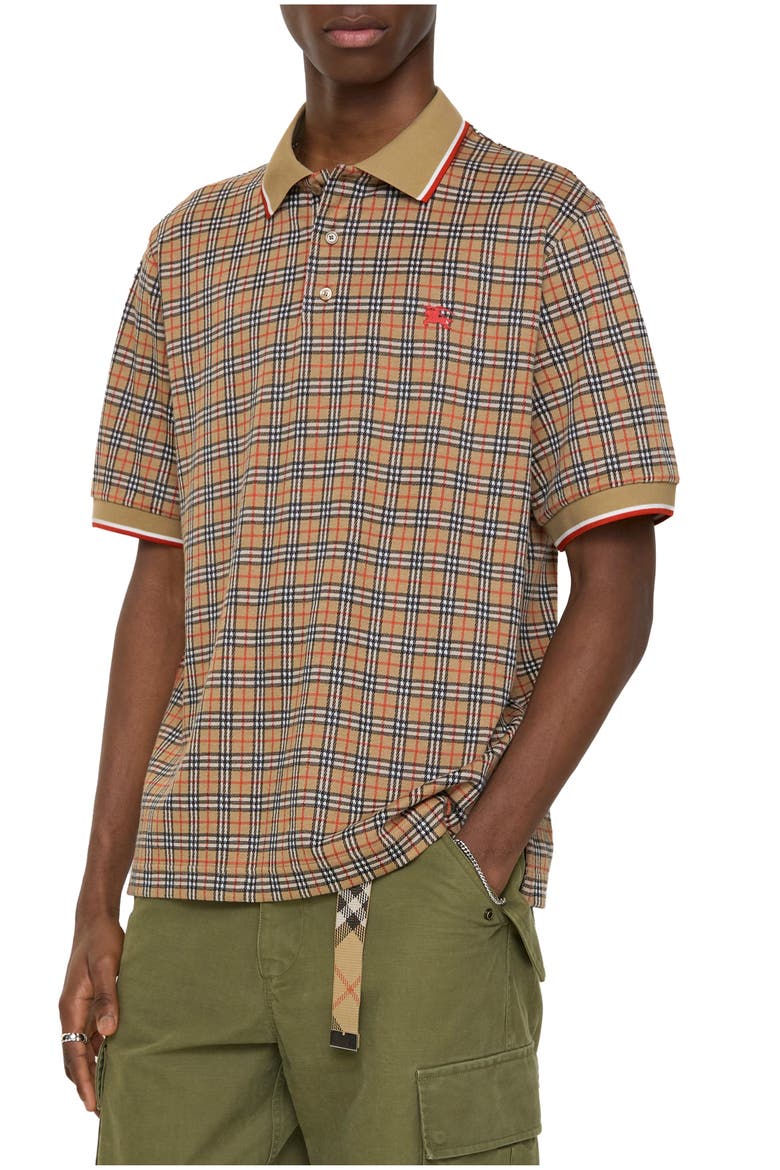 Check Cotton Blend Polo Shirt, Main, color, Sand beige