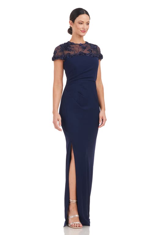 Js Collections Laney Rosette Embroidered Mesh Yoke Sheath Gown In Blue