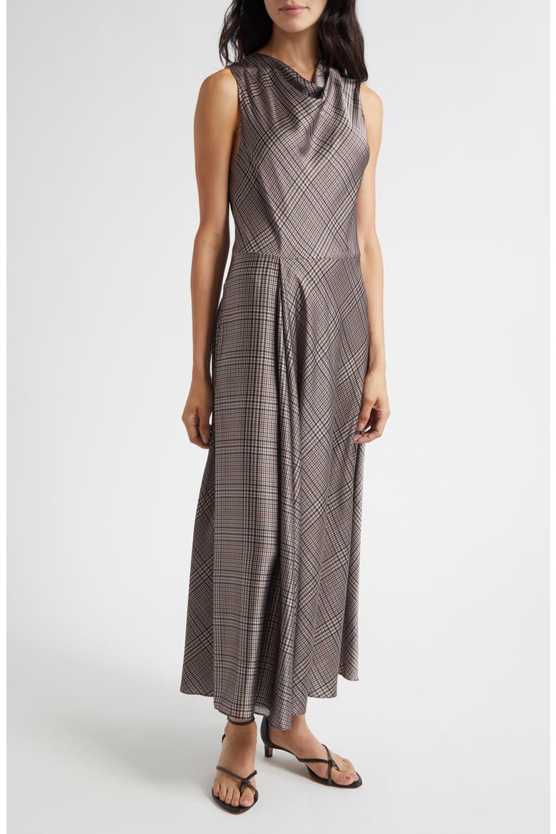 Pressed Plaid Cowl Neck Maxi Dress, Main, color, BROWN MULTI PLAID