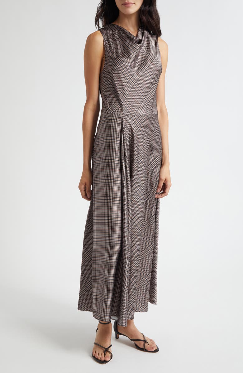 Vince Pressed Plaid Cowl Neck Maxi Dress, Main, color, Brown Multi Plaid