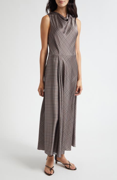 Pressed Plaid Cowl Neck Maxi Dress
