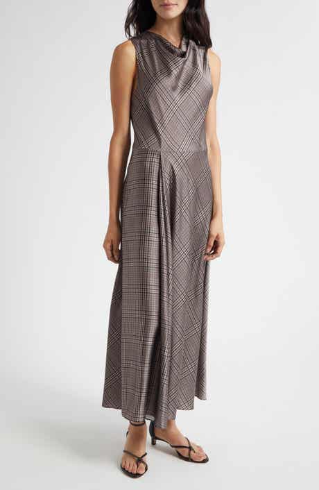 Vince Pressed Plaid Cowl Neck Maxi Dress