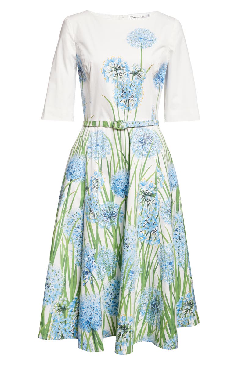 Oscar de la Renta Allium Cotton Stretch Poplin Belted Dress, Alternate, color, Blue/ White