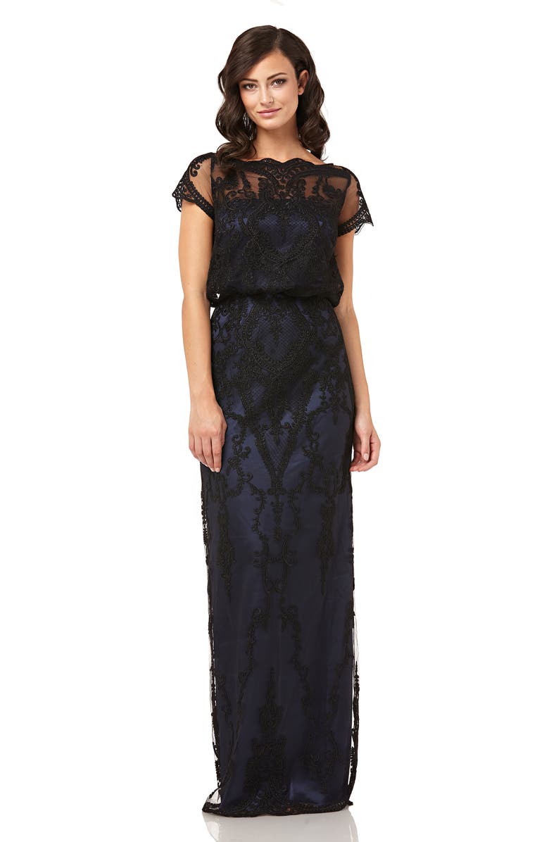 JS Collections Scallop Embroidered Blouson Evening Dress, Alternate, color,
