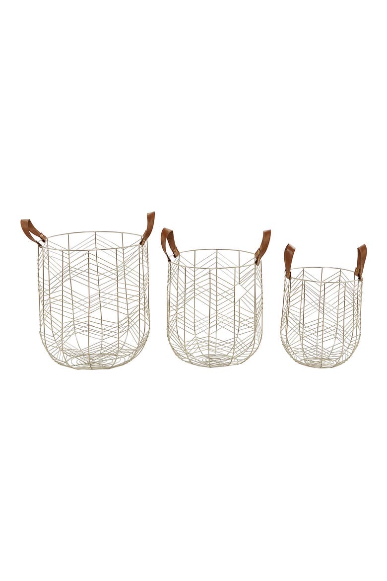 Silvertone Metal Glam Storage Basket with Faux Leather Handles - Set of 3, Alternate, color, SILVER