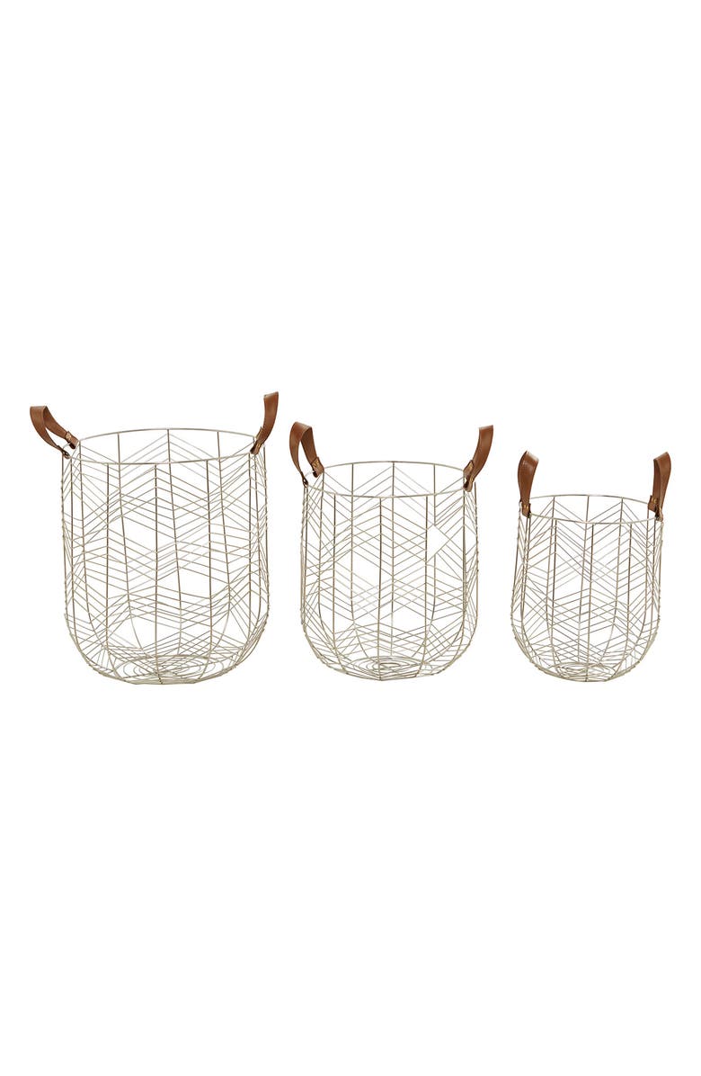 COSMO BY COSMOPOLITAN Silvertone Metal Glam Storage Basket with Faux Leather Handles - Set of 3, Alternate, color, Silver