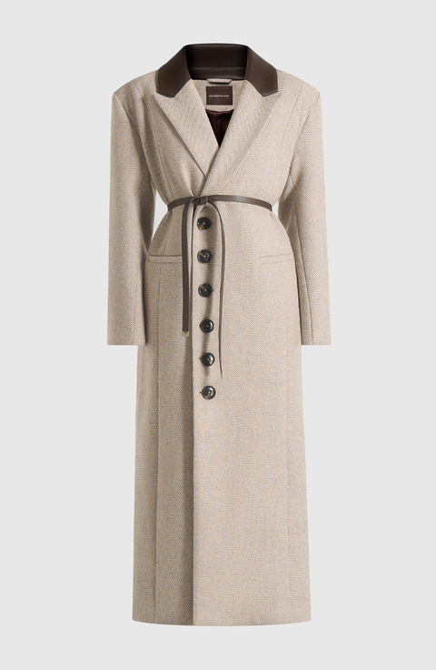 Anissa Herringbone Wool Oversized Coat with Leather Belt