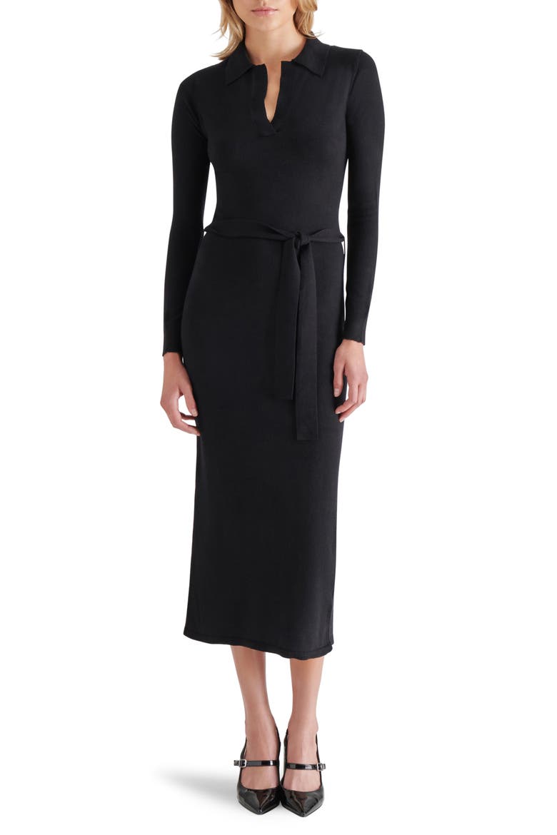 Danessa Belted Long Sleeve Polo Sweater Dress, Main, color, BLACK