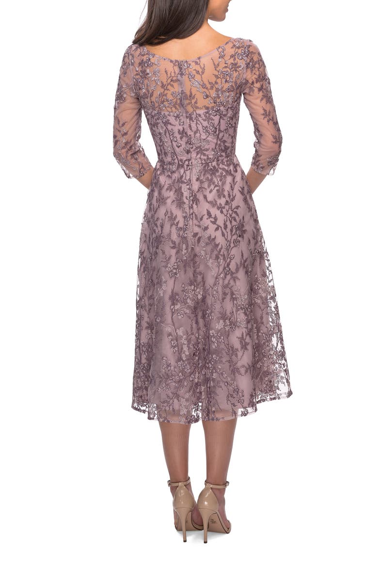 Tea Length Embroidered Dress with Sheer Sleeves, Alternate, color, Dusty Lilac