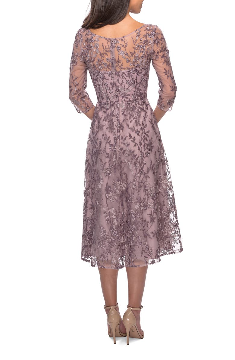 La Femme Tea Length Embroidered Dress with Sheer Sleeves, Alternate, color, Dusty Lilac