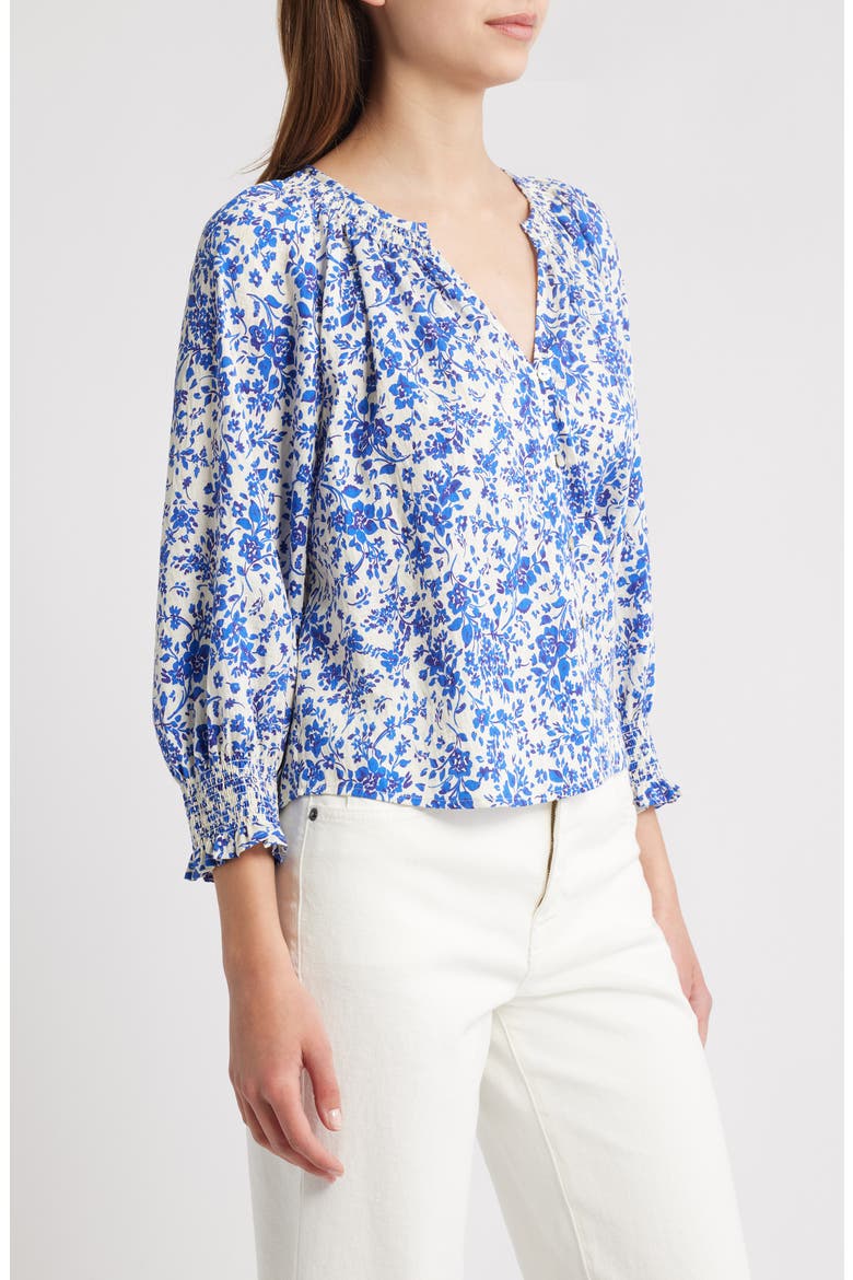 Mariah Floral Smocked Button-Up Peasant Top, Alternate, color, BLUE MARGUERITE