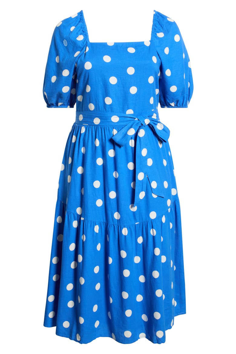 Puff Sleeve Linen Blend Midi Dress, Alternate, color, BLUE PALACE- IVORY TULLA DOT