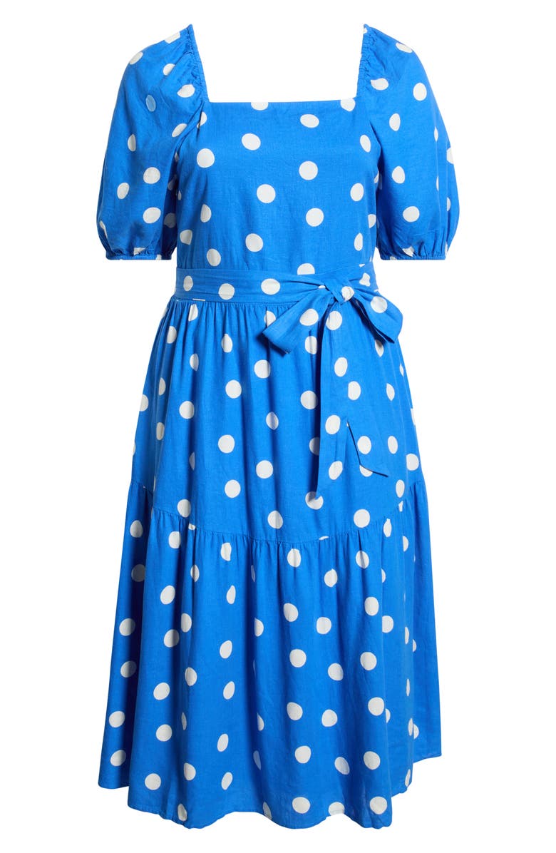 Caslon<sup>®</sup> Puff Sleeve Linen Blend Midi Dress, Alternate, color, Blue Palace- Ivory Tulla Dot