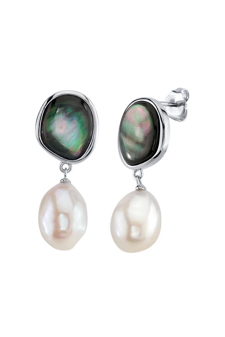 White Freshwater Pearl & Black Mother of Pearl Nina Earrings, Main, color, Sterling Silver