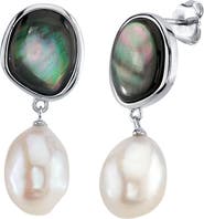 The Pearl Source White Freshwater Pearl & Black Mother of Pearl Nina Earrings